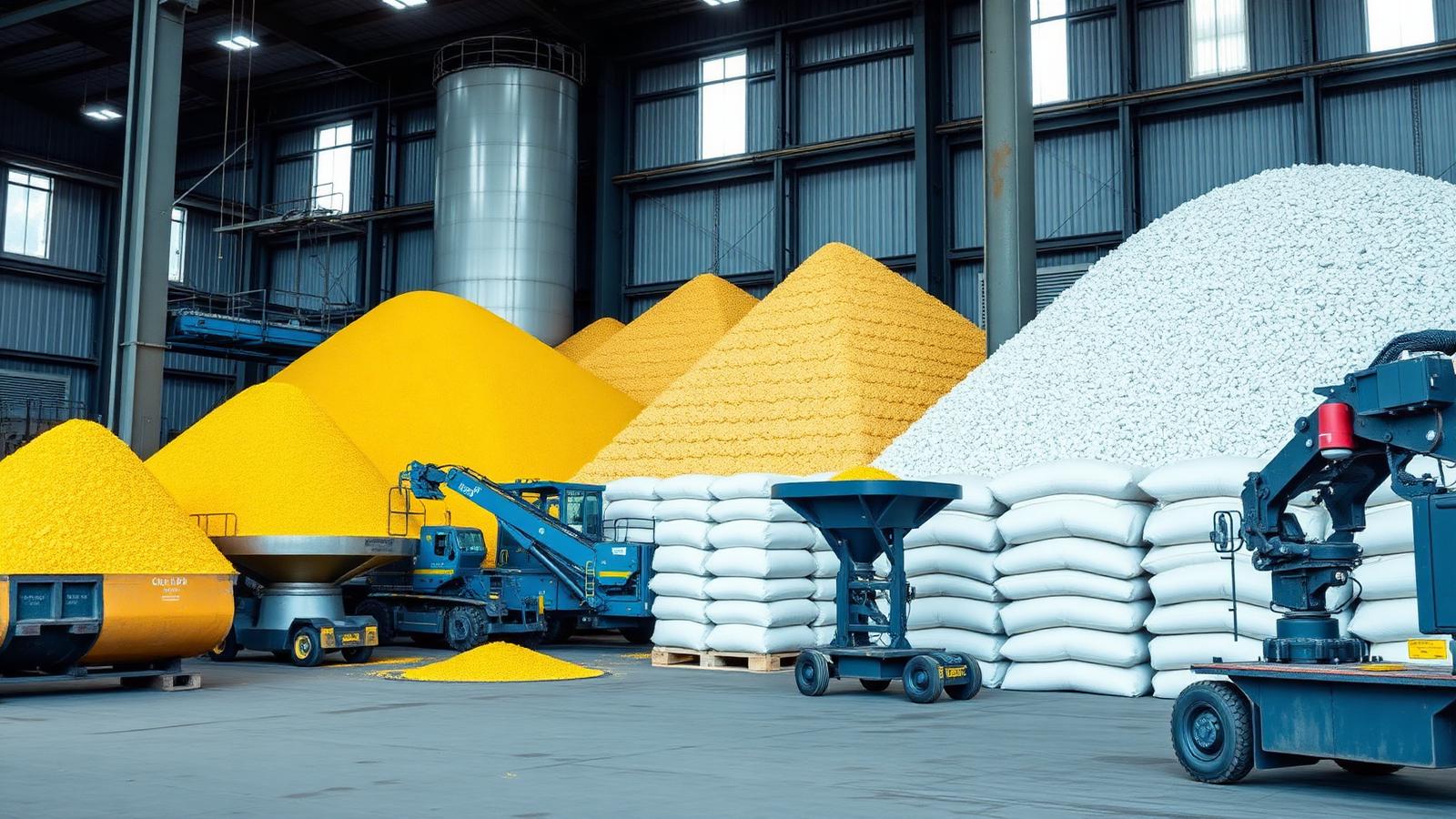 Bulk sulphur and urea stockpiles inside a port commodity terminal