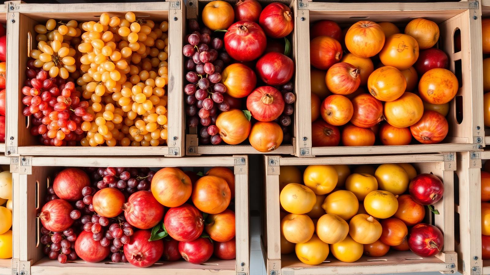 Export crates filled with grapes, pomegranates, apples and mangoes