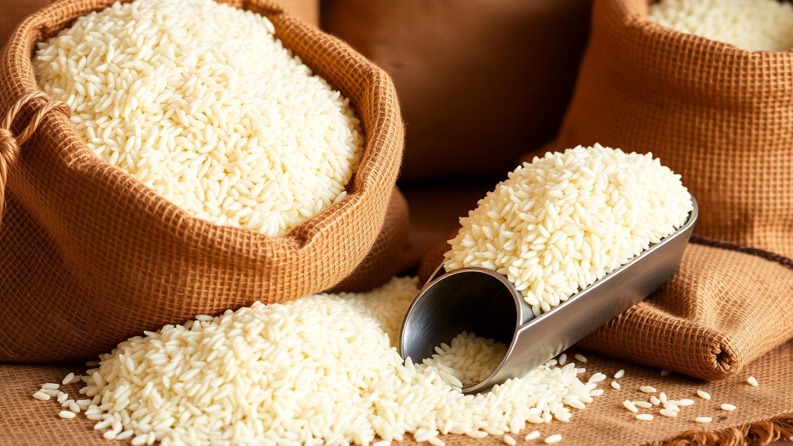 Premium long-grain rice in jute sacks with a metal scoop