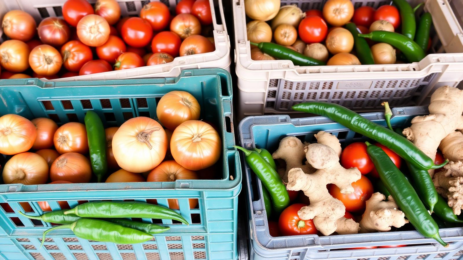 Crates of onions, tomatoes, green chillies and ginger ready for despatch